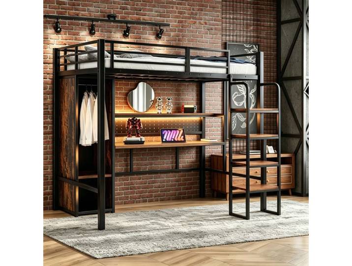 Luscriate - Lit Mezzanine en Métal 90x200 avec LED Bureau Armoire Étagère Design Moderne - Noir