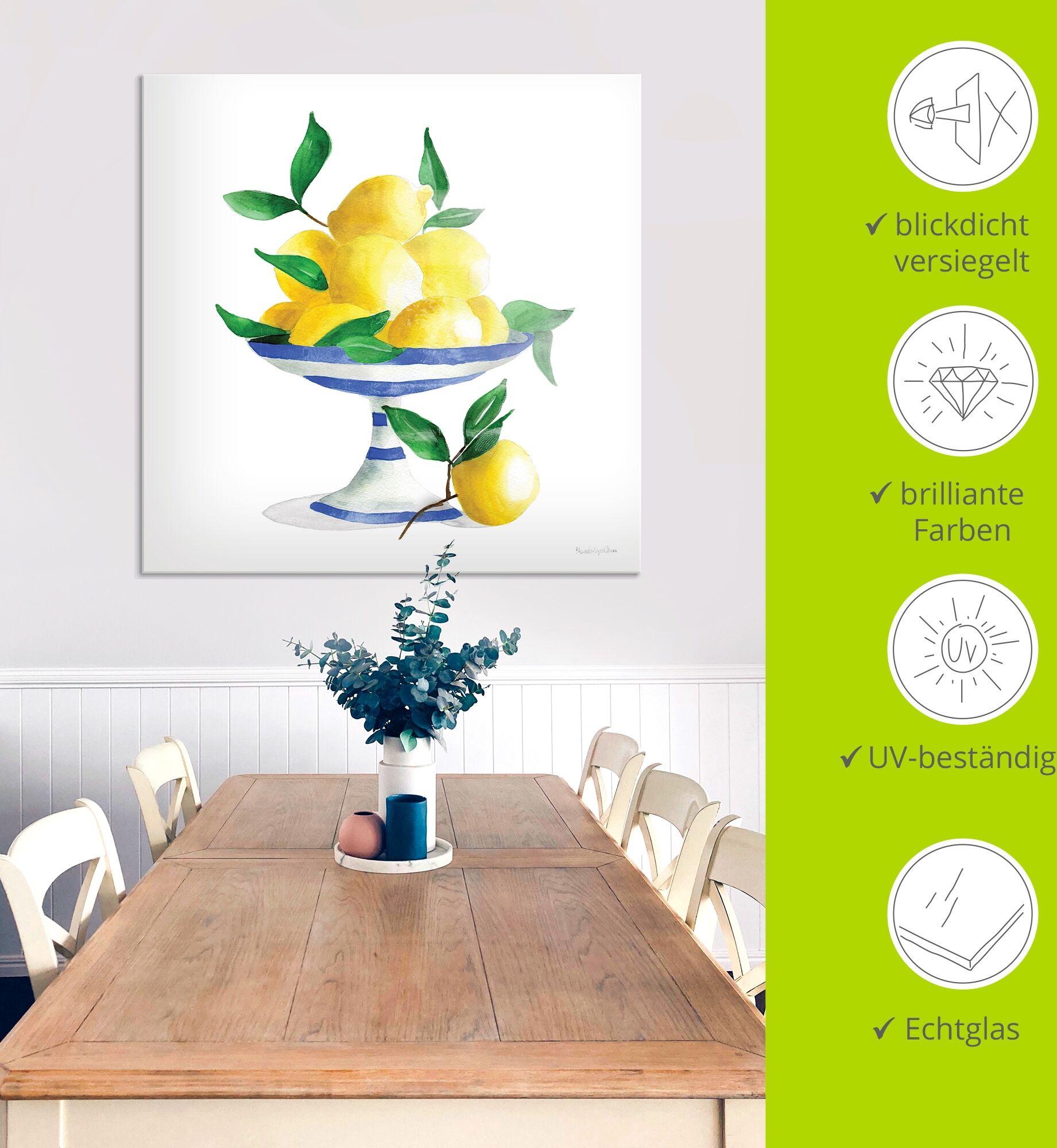 Glasbild ARTLAND "Spanish Lemons II", gelb (farbe bild(er): gelb), B:50cm H:50cm, Bilder, Glasbild, in verschiedenen Grössen farbe bild(er): gelb B/H/T: 50cm x 50cm, Glasbild Arrangements quadratisch, 1 Stk.