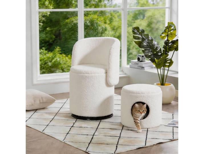 Fauteuil pivotant 360° rembourré en Teddy blanc avec rangements intégrés et tabouret pour chat
