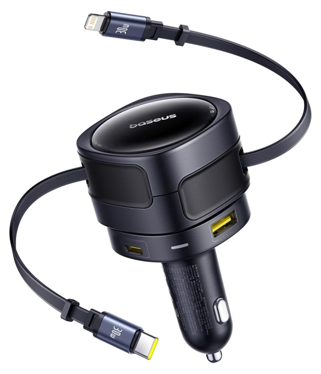 Baseus Enjoyment Max autolader met USB-C en Lightning kabels, USB-A en USB-C aansluitingen, 90W, zwart
