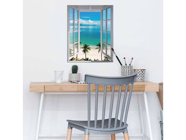Poster Fenster zum Strand Papier Blau 40 x 50cm