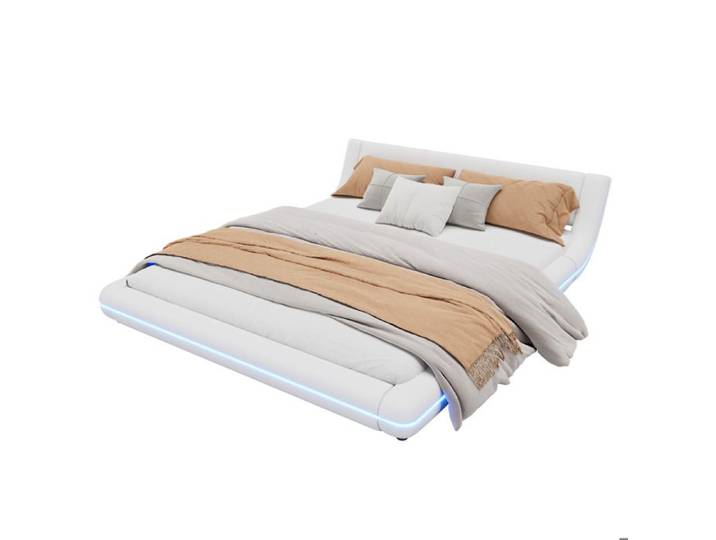 Lit 160x200 cm blanc avec éclairage LED intégré modèle sol plat confortable et design