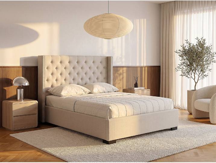 Bett mit Bettkasten mit gestepptem Kopfteil - 180 x 200 cm - Stoff - Beige - MASSIMO