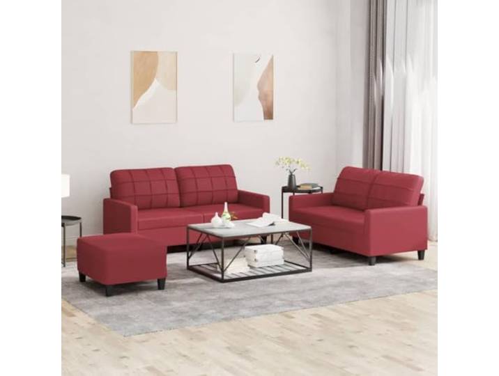 HEFZGDB 3-TLG. Sofagarnitur mit Kissen Weinrot Kunstleder Langlebiges Polstermöbel Schmutzabweisend Robustes Gestell Bequeme Sitzflächen Vielseitiger Fußhocker Luxuriöser Look