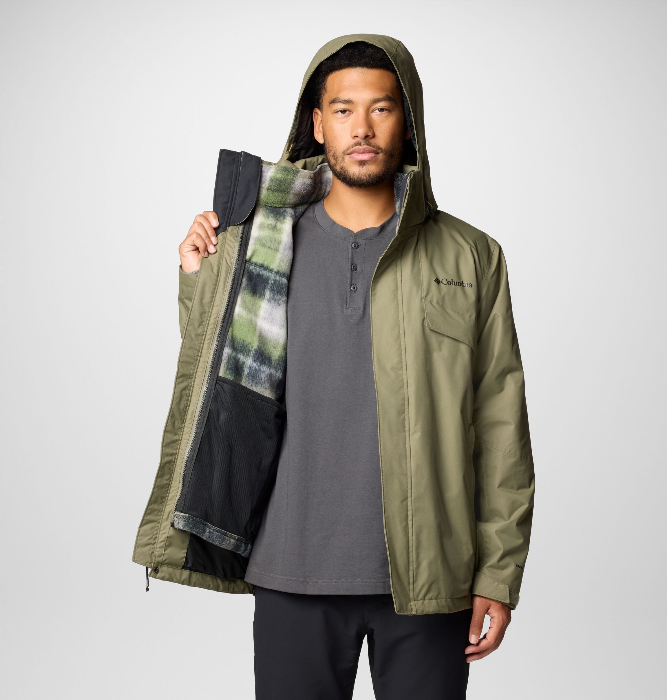 Doppeljacke COLUMBIA "BUGABOO III FLEECE INTERCHANGE JACKET", Herren, Gr. M, grün (stone grün), Obermaterial: 100% Nylon. Futter: 100% Polyester, Jacken Doppeljacke, wasserdicht, atmungsaktiv, abnehmbare und verstellbare Sturmkapuze stone grün M