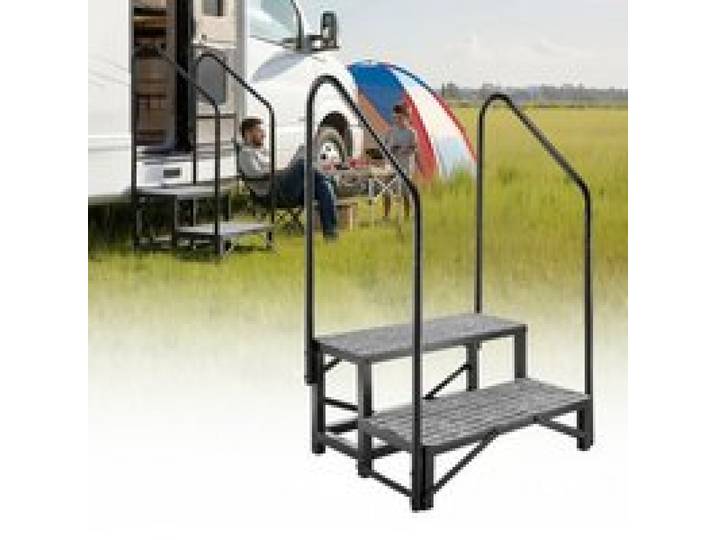 VEVOR Wohnmobiltreppe mit 2 Handläufen (2 Stufen), Standtreppe mit 300 kg Tragkraft, Außentreppe mit Rutschfester Matte für Senioren/Haustiere, Trittstufe für Camper, Mobilheim, Veranda, Pool und Spa