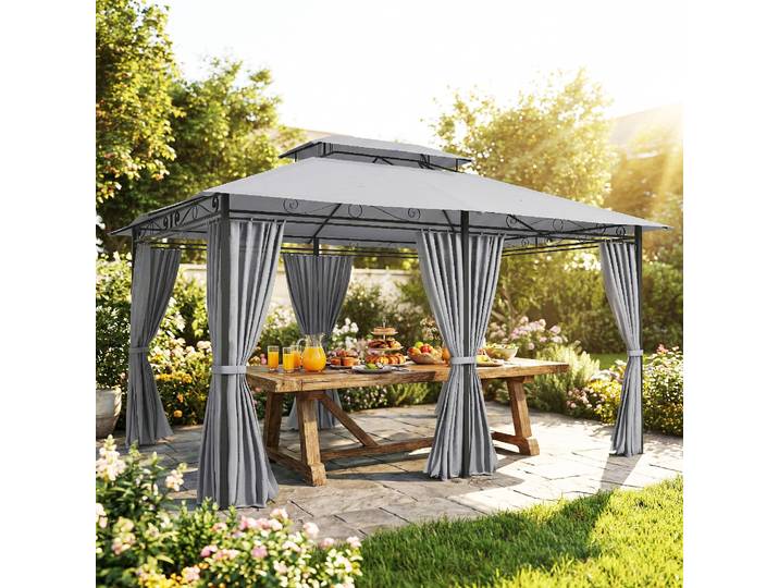 Outsunny Pavillon Extérieur Gris Foncé avec Rideaux et Toit Ventilé