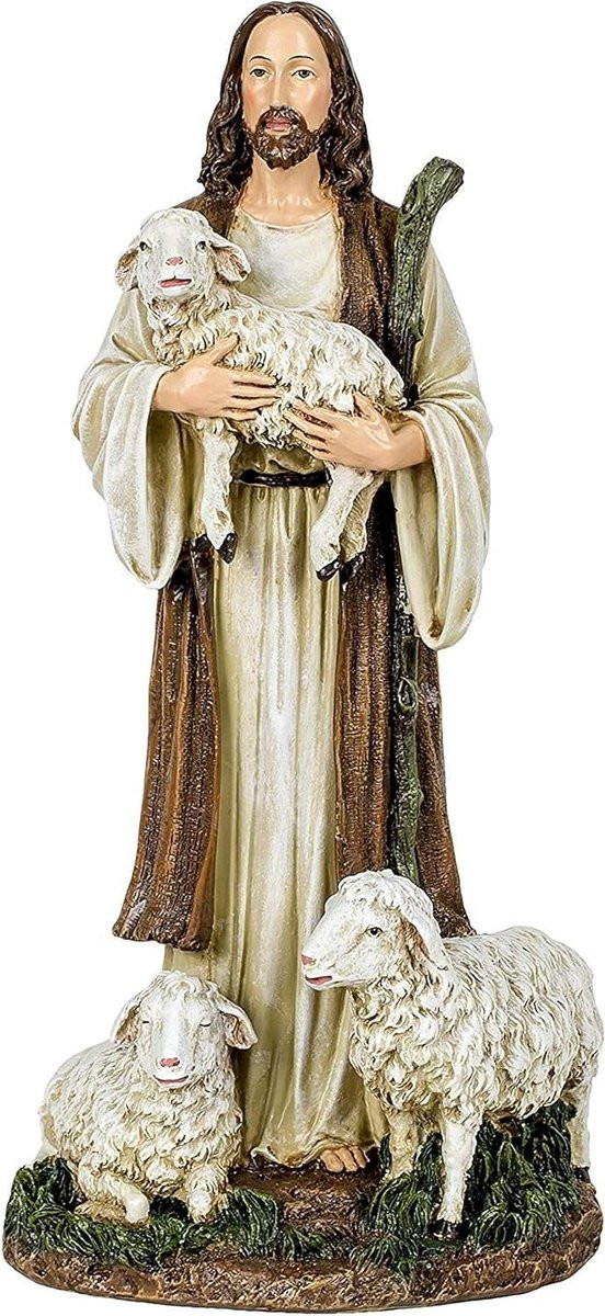 Religieus beeld Goede Herder met Jezus en schapen, meerkleurig, Hoogte: 30 cm