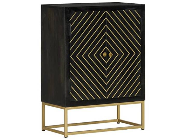 RJPLMFV Anrichte mit 2 Türen, Schwarz und Gold, 55 x 30 x 75 cm, Mangobaum Tropisches Massivholz, 2 Fächer, Ausstellungsplatte, Wandbefestigung inklusive