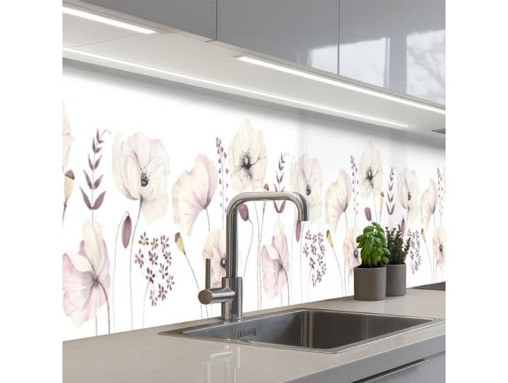 Crédence Décorative de Cuisine - Décoration Murale - Motif Fleurs - Pastel - Plantes - Blanc 400x60 cm - KitchenYeah