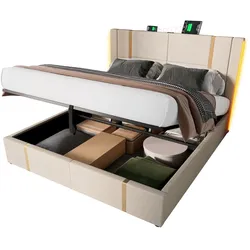 Polsterbett 160x200 mit USB-Anschlüssen, LED-Beleuchtung und Stauraum – elegantes Leinenstoff-Design, hydraulisches Gasdruckfeder-System, Beige