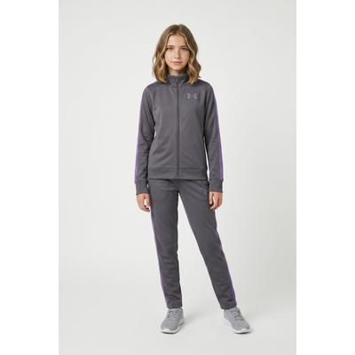 Trainingsanzug UNDER ARMOUR "UA KNIT TRACK SUIT", Mädchen, Gr. XL, grau (castlerock, lila luxe, lila luxe), Obermaterial: 100% Polyester, Sportanzüge Trainingsanzug, schweißableitendes Material, superweiches Obermaterial aus Polyester