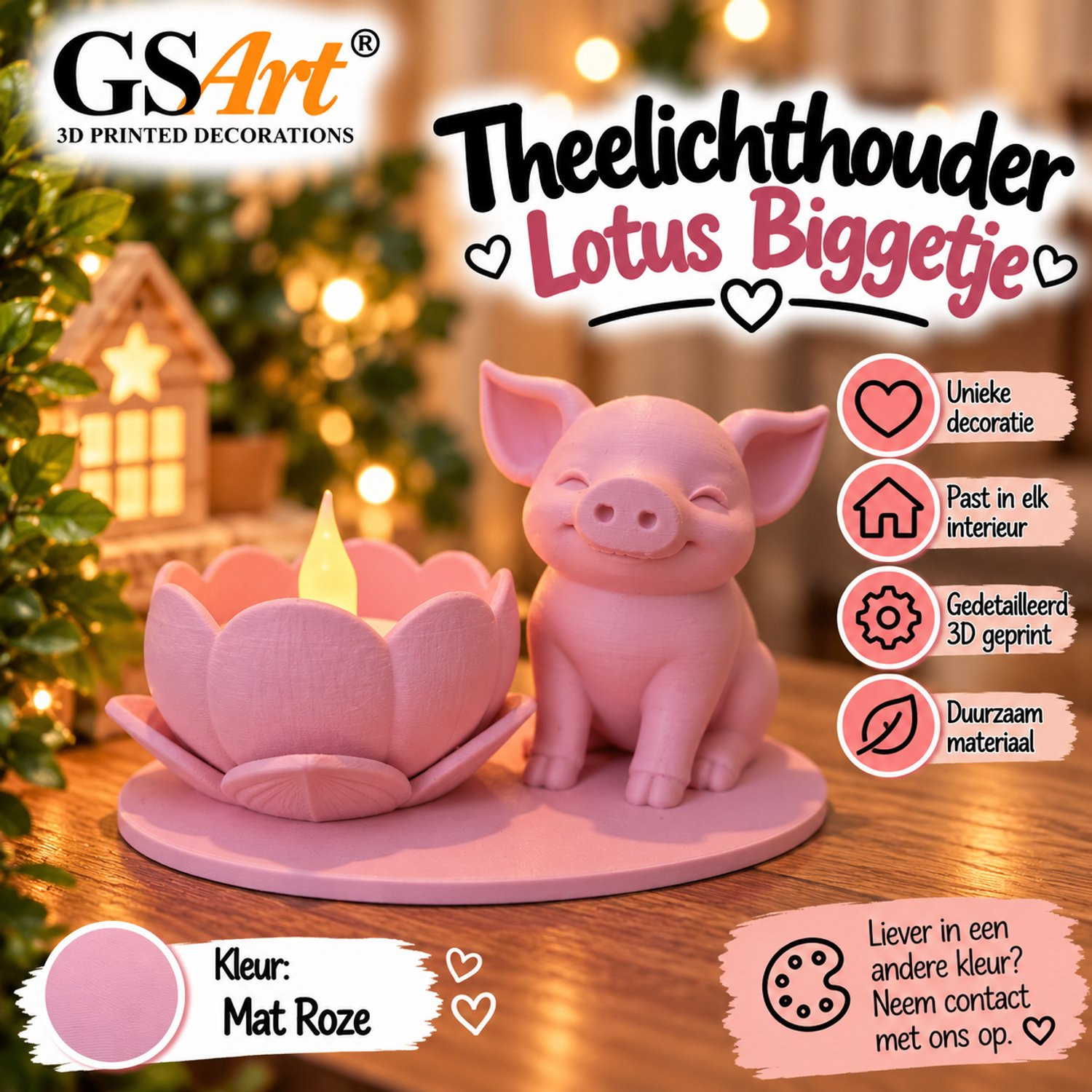 GSArt Theelichthouder Lotus Biggetje met LED-theelichtje - Mat Roze - 3D Geprint