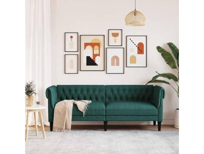 KTHLBRH Chesterfield-Sofa, 3-Sitzer, dunkelgrün, aus Stoff Gerollte Armlehnen, tiefe Rückenlehne, Beine aus Massivholz, 110 kg pro Sitzfläche