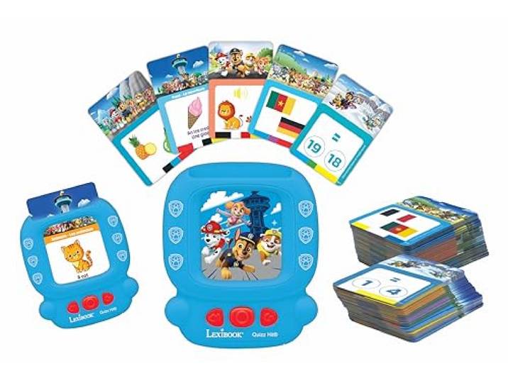LEXIBOOK, Quizz Hit, Paw Patrol, Tweetalige interactieve kaartlezer, Engels/Frans, 150 dubbelzijdige educatieve kaarten, educatieve quiz- en flashcard-machine, Rood/Blauw, JCR10PAi1