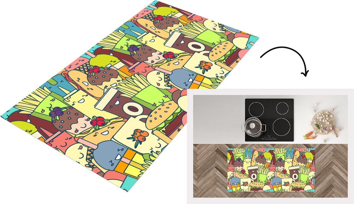Kawaii Keukenloper met Fast Food Patroon - Vinyl - 120 x 60 cm