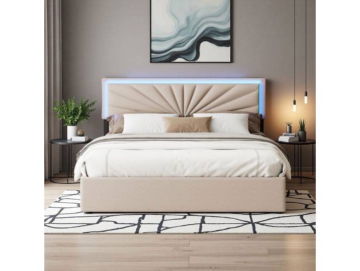 Lit Double 160x200 - Rangement Intégré - 4 Tiroirs - Éclairage LED Personnalisable - Design Scandinave