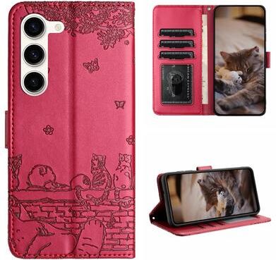 Inspired Deals Cute Cat Embossed Wallet Phone Case For Samsung Galaxy With Card Holder And Lanyard For Samsung Galaxy S23+ red
