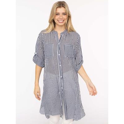 Longbluse ZWILLINGSHERZ "Kida", Damen, blau (marine), Web, Obermaterial: 100% Baumwolle, comfort fit lang, V-Ausschnitt, Krempelärmel 1-Knopf-Manschette, Blusen Longbluse, One Size, Streifen, Knopfleiste, Brusttaschen, 3/4-Arm