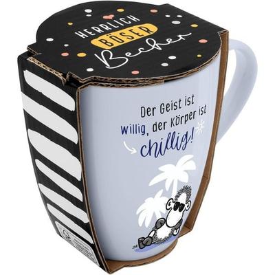 Tasse mit Motivdruck 'Der Geist ist willig, der Körper ist chillig!', mit Banderole