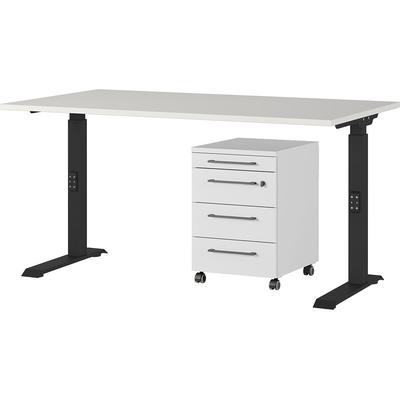 Büromöbel-Set GERMANIA "Agenda", schwarz (lichtgrau, schwarz), B:140cm T:80cm, Holzwerkstoff, Kunststoff, Metall, Arbeitsmöbel-Sets, Büromöbel-Set, Set bestehend aus höhenverstellbarem Schreibtisch und Rollcontainer