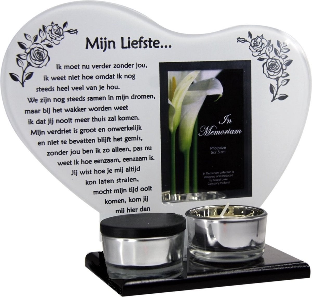 Waxinehouder in memoriam met hartvormige urn en gedicht Mijn Liefste