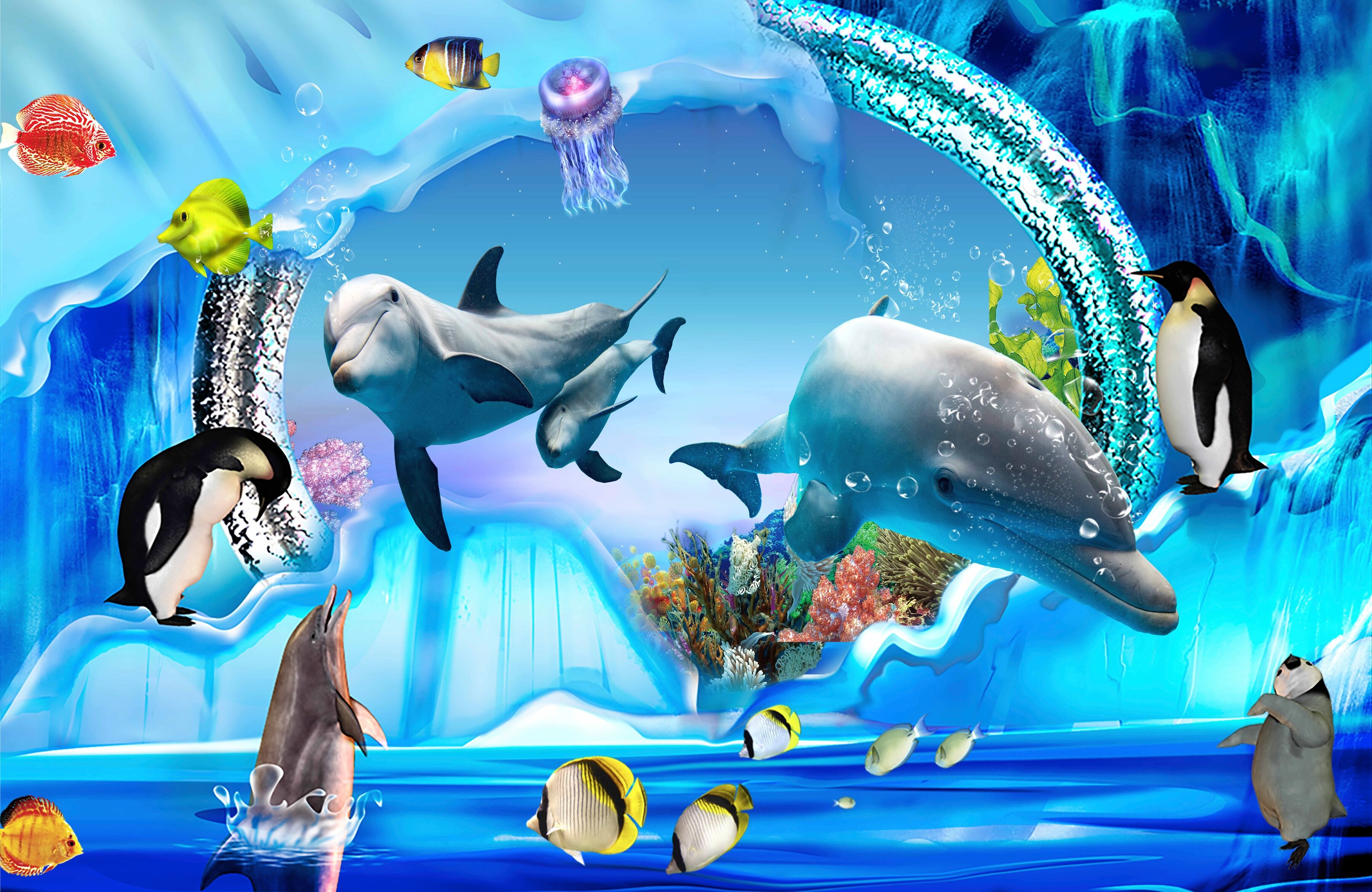 Papermoon "3D DESIGN Delfine im Meer" bunt B/L: 2m x 1,49m, Bahnen: 4 Stk.