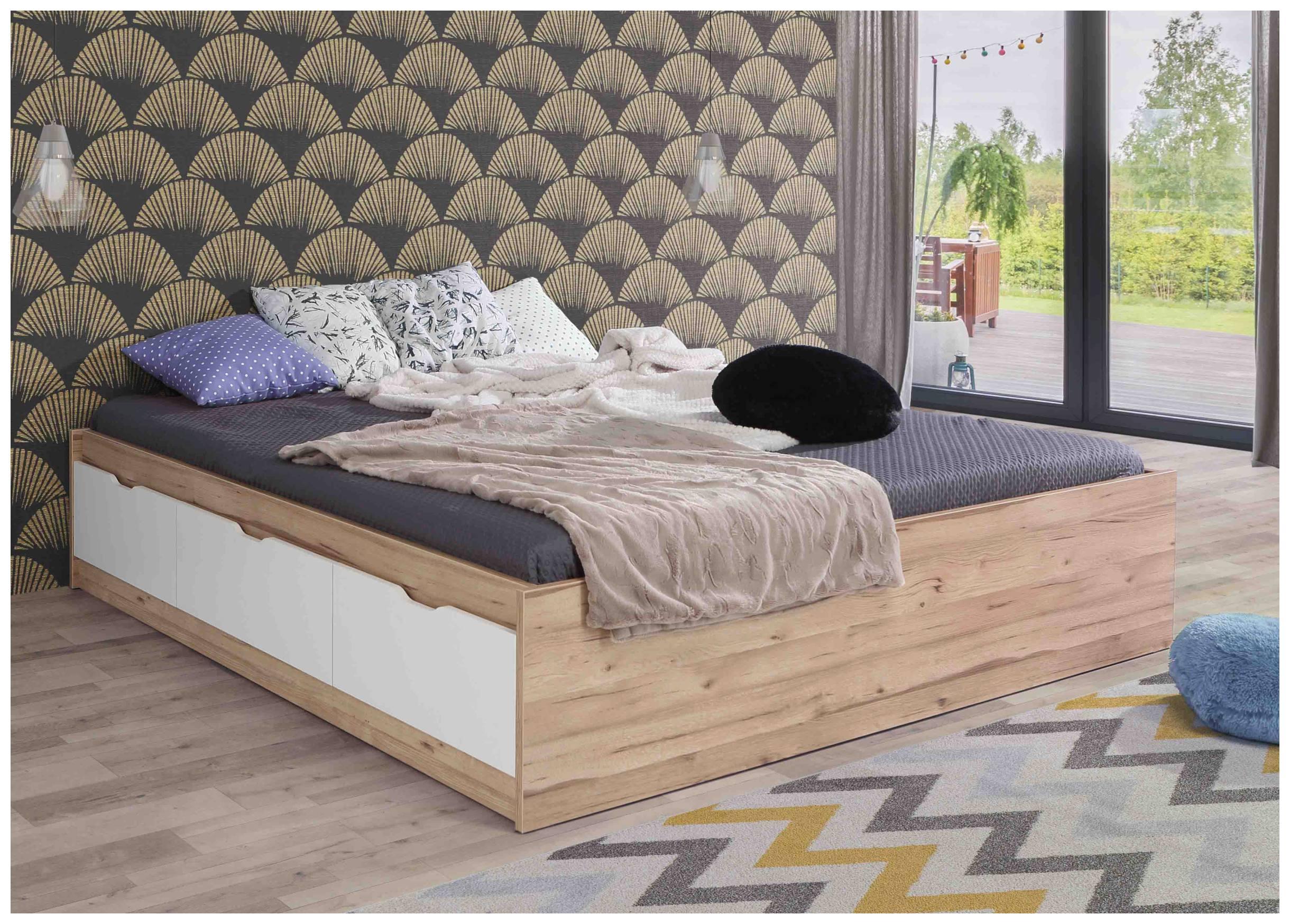 Forte Doppelbett Funktionsbett VANKKA 180 cm Optik Plankeneiche / Weiß Natur