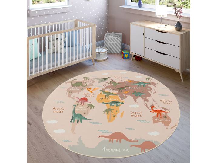 Kinderteppich PACO HOME Bino 583 , beige, H:4mm Ø:160cm, Polyester, Teppiche, Kinderteppich, Spielteppich, Motiv Weltkarte & Dinosaurier, Kinderzimmer