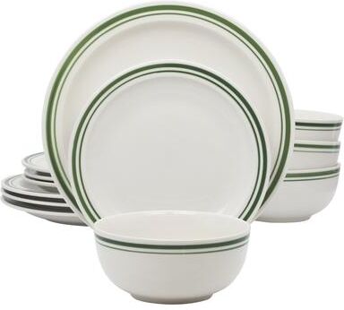 Gibson Home 12 Piece Everyday Use Round Ceramic Dinnerware Set with Green Band