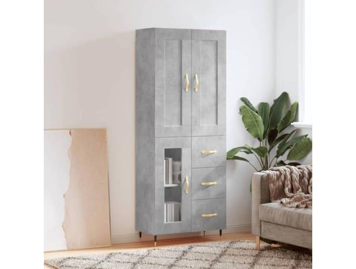 Elegantes Highboard mit Metallfüßen aus langlebigem Holzwerkstoff in Betongrau – Modernes Design Schrank mit viel Stauraum für das Wohnzimmer und Sicherheitshinweis zur Wandmontage
