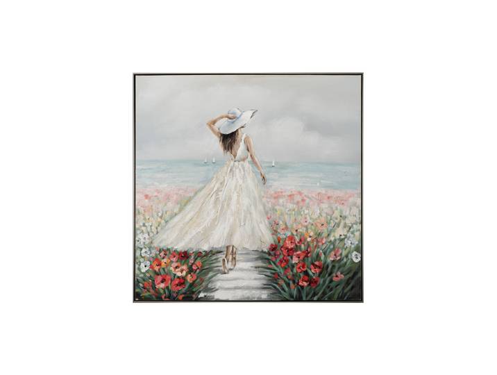 Handgemaltes, gerahmtes Bild „Frau in Blumenmeer im weißen Kleid“ 102.5 x 102.5 cm Multicolor Crea Collection