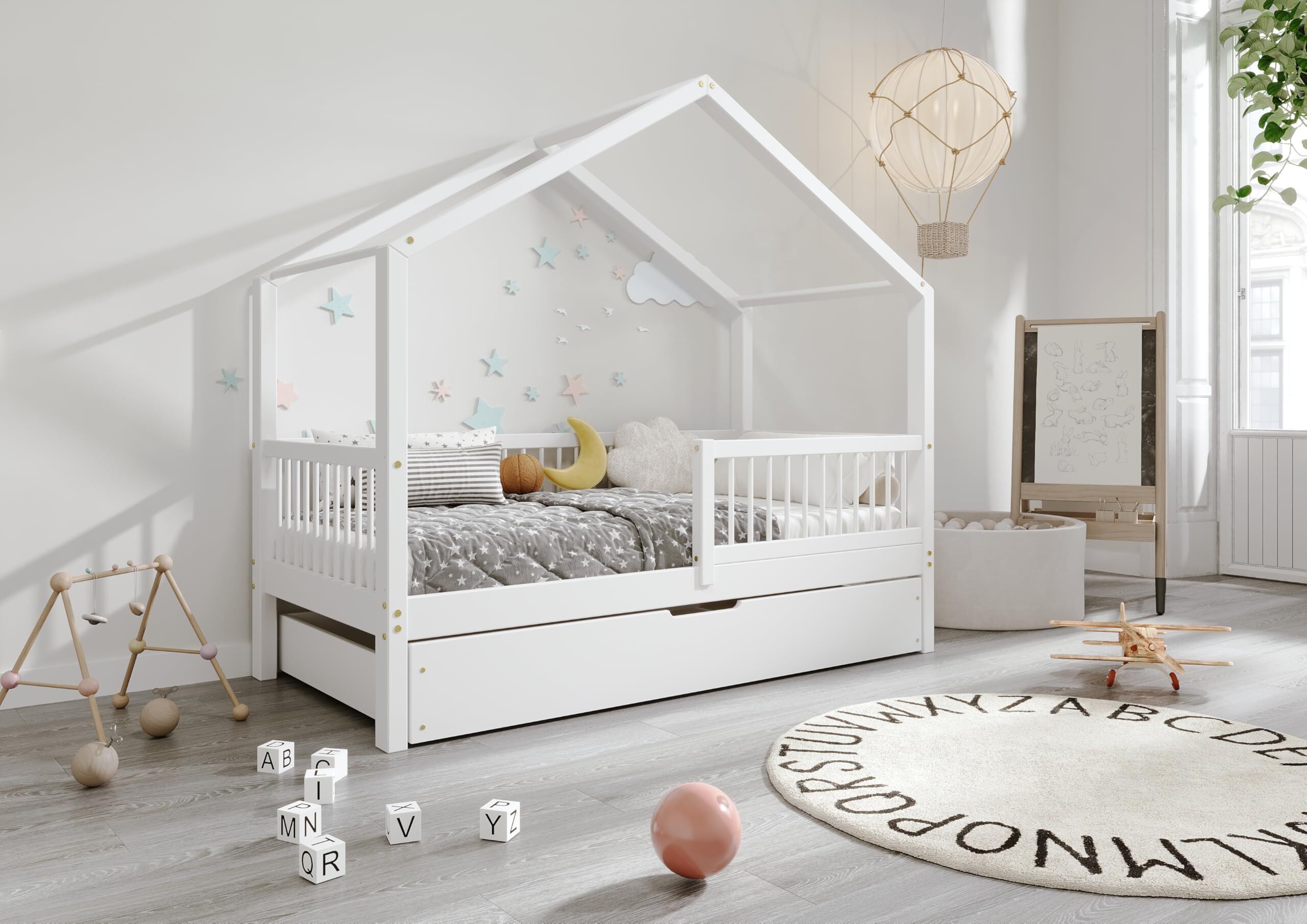 TIMBEE MURLO Box Hausbett Kinderbett Holz Bett mit Schublade - Weiß - 90x200cm