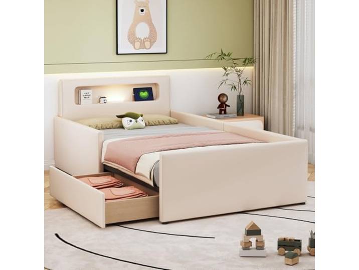 FAVSH Polsterbett 90x200 cm, Kinderbett mit LED-Beleuchtung, USB-Ladeanschluss und Nachtlicht, Jugendbett mit Ablagefächern und erhöhtem Seitenschutz, Einzelbett aus Kunstlederbezug, Beige