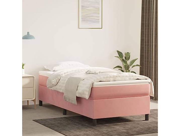RJPLMFV Komplettes Bett, Velours, 90 x 190 cm, Rosa Lattenrost aus Sperrholz, Matratze mit Taschenfedern, feste Unterstützung, weicher Matratzenschoner