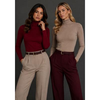 Rollkragenshirt FLASHLIGHTS, Damen, Gr. 44/46, dunkelrot, beige, Rippware, Obermaterial: 100% Baumwolle, unifarben, Basic, sehr figurbetont, Shirts, sehr figurbetonte Passform, Langarm-Design, aus 100% Baumwolle, Topseller