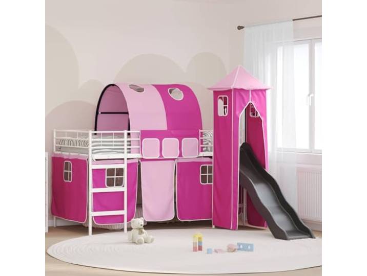 RJPLMFV Hochbett für Kinder, 100 x 200 cm, Metall, Weiß und Rosa Robuster Metallrahmen, Ösenvorhänge, Stauraum und Spielraum, Mesh-Belüftung, pflegeleicht
