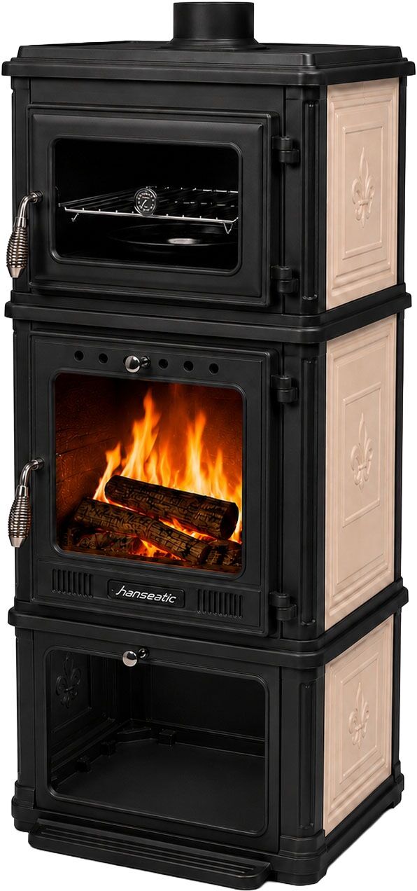 Kaminofen HANSEATIC "Minerva, Gussofen mit Backofen und Beige emaillierten Seiten", schwarz, Kaminöfen, Großer Feuerraum