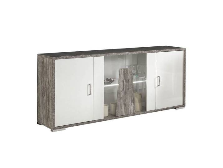 DENYS - Buffet 4 Portes Laqué Blanc et Effet Bois Taupe avec Led