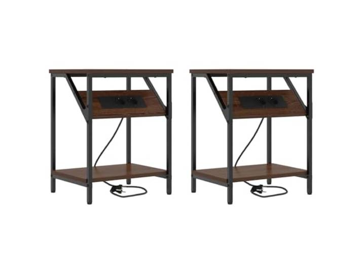 LMTYOENFG Nachttisch 2er Set, 38x30x48 cm, Braun Eichen-Optik Kompakter Beistellschrank fuer das Schlafzimmer mit zwei offenen Regalebenen und integrierter Ladeeinheit.