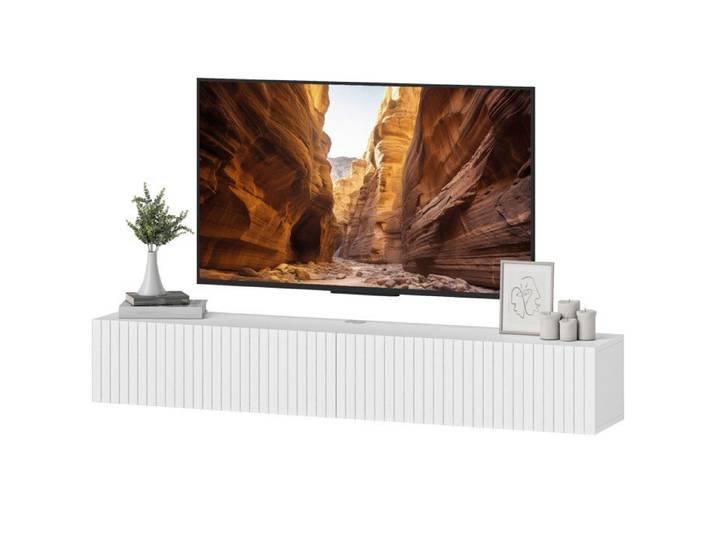 Meuble TV suspendu 140 cm - Banc TV mural 72 pouces 2 portes cannelées - 140 x 25 x 22 cm - Blanc