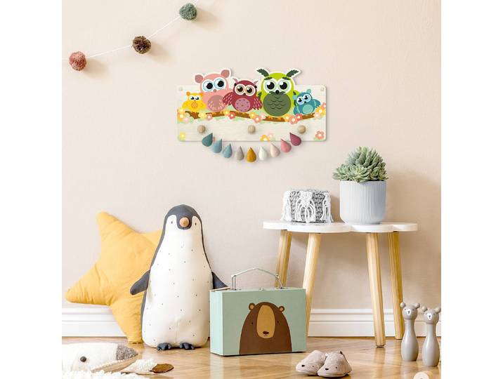Kindergarderobe Eulenfamilie 40 x 20 x 1cm Multicolor