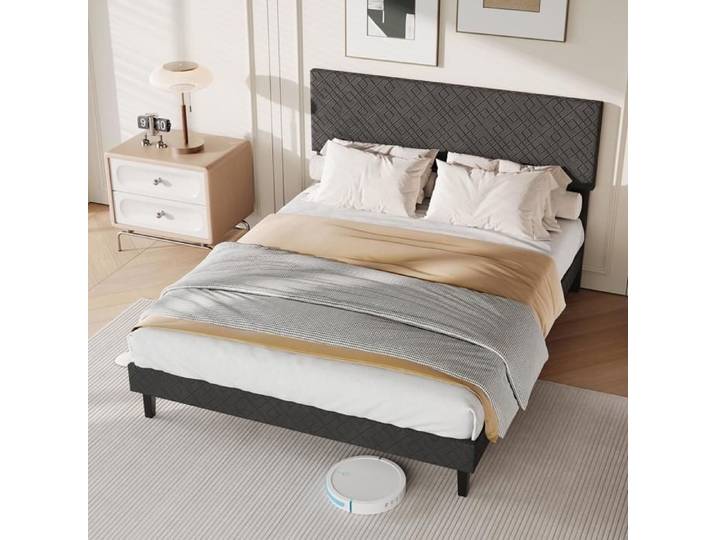 Lit 140x200 cm - Lit Double 140x200 cm - Cadre de Lit 140x200 avec Sommier à Lattes Inclus - Lit Adulte Tissu Lin Gris Foncé