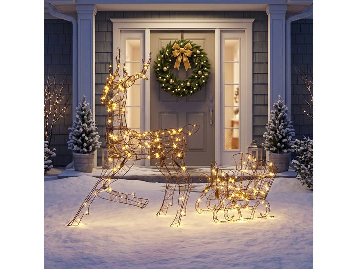 Outsunny Renne Traîneau Lumineux Rotin 2pcs 175 LED 82x32x120cm