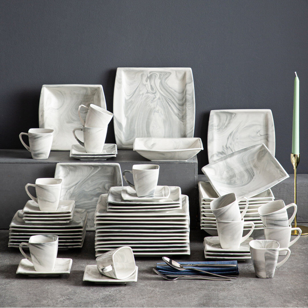 MALACASA Blance Series, 60-piece Marble Grey Porcelain China Dinnerware Set, Service For 12 Gray 60