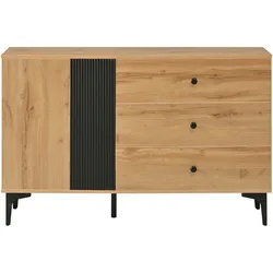 OKWISH Sideboard aus Holzwerkstoff in Natur/Schwarz, 120x35x76 cm, mit 1 Tür, 3 Schubladen und Metallfüßen