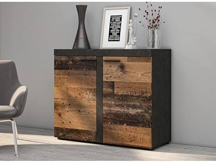 AX Living Kommode Spacoro 2D Matera/Old Style Laminierte Möbelplatte mit MDF-Leisten. Vier geschlossene Fächer hinter zwei Türen. Maße: 97,2 x 82 x 40,3 cm.