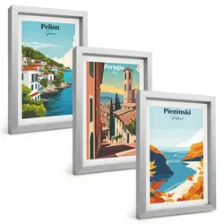 BILDER SET 3er Set - 20x30 cm Silberner Rahmen - Malerische Retro-Landschaften