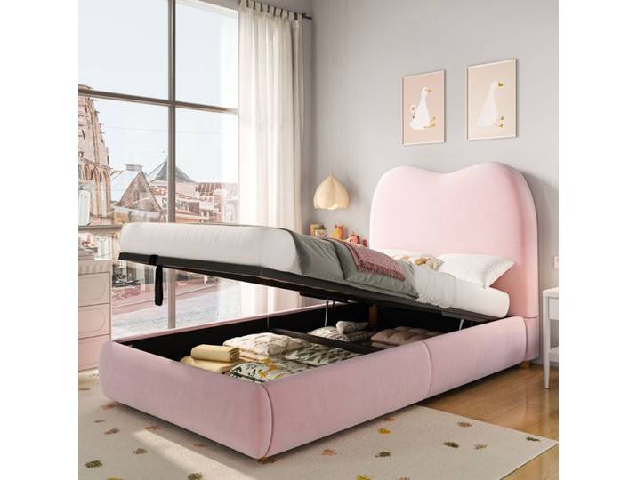 Lit Coffre - Becag - Lit Capitonné Simple 90x200cm - Lit Enfant Rembourré avec Rangement Hydraulique - Velours Rose