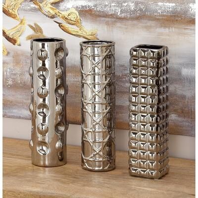 CosmoLiving by Cosmopolitan Sleek Ceramic Glam Vase with Varying Patterns (Set of 3) - Silver, Gold, Dark Blue, White